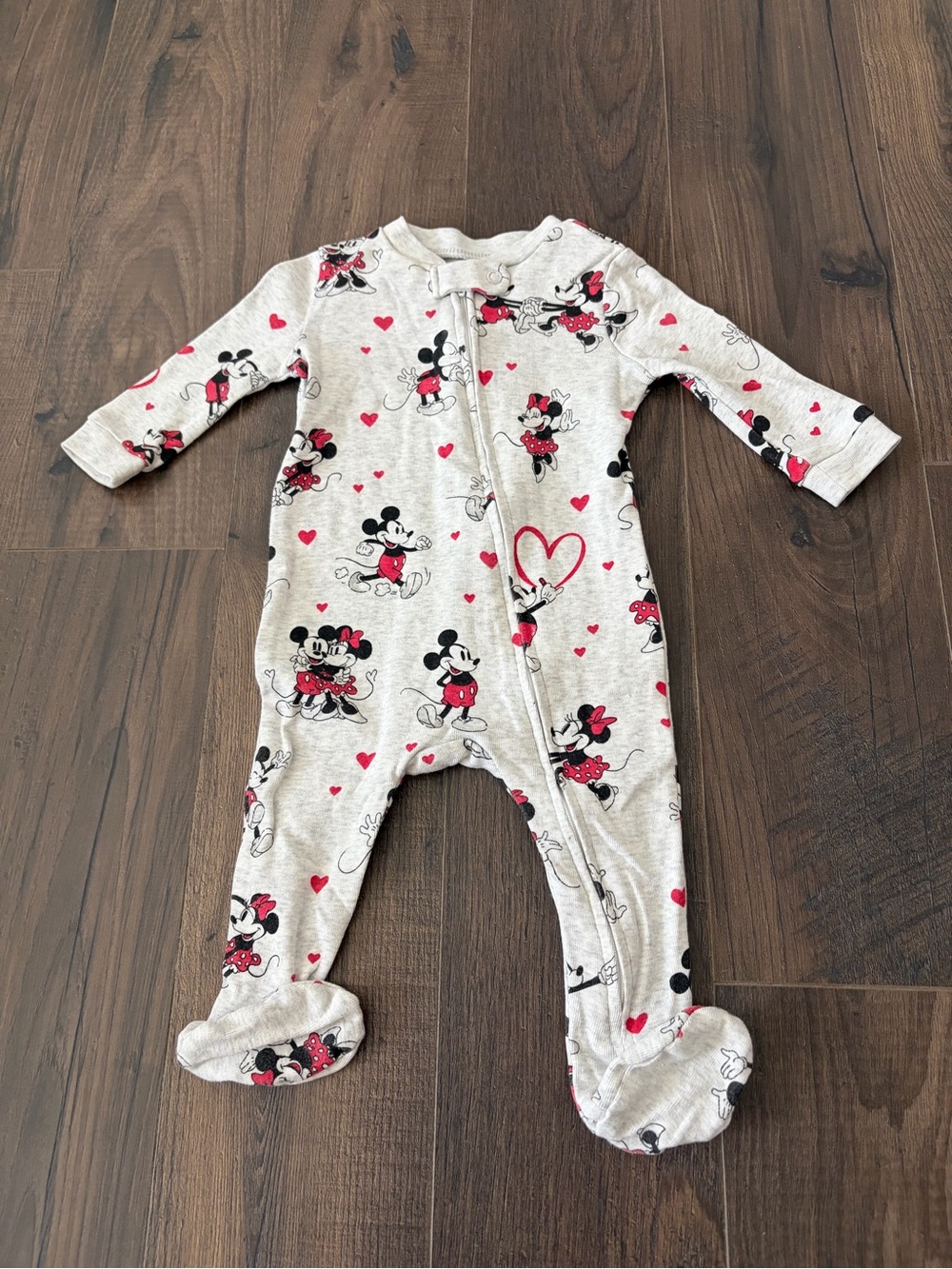 Pottery Barn Kids Grey Footed One-Piece with Red Heart & Mickey Prints